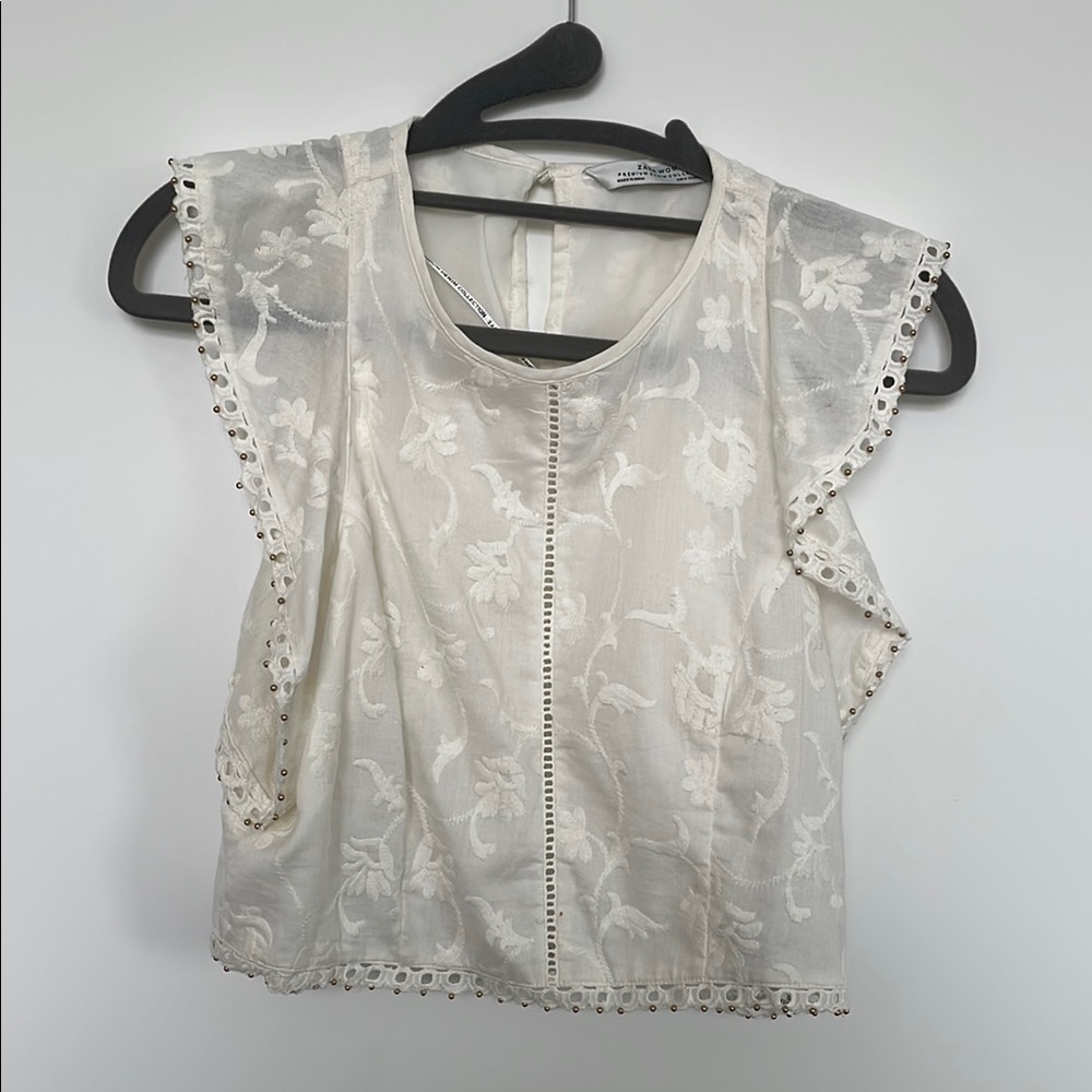 Zara Cream Embroidered Crop Blouse Top